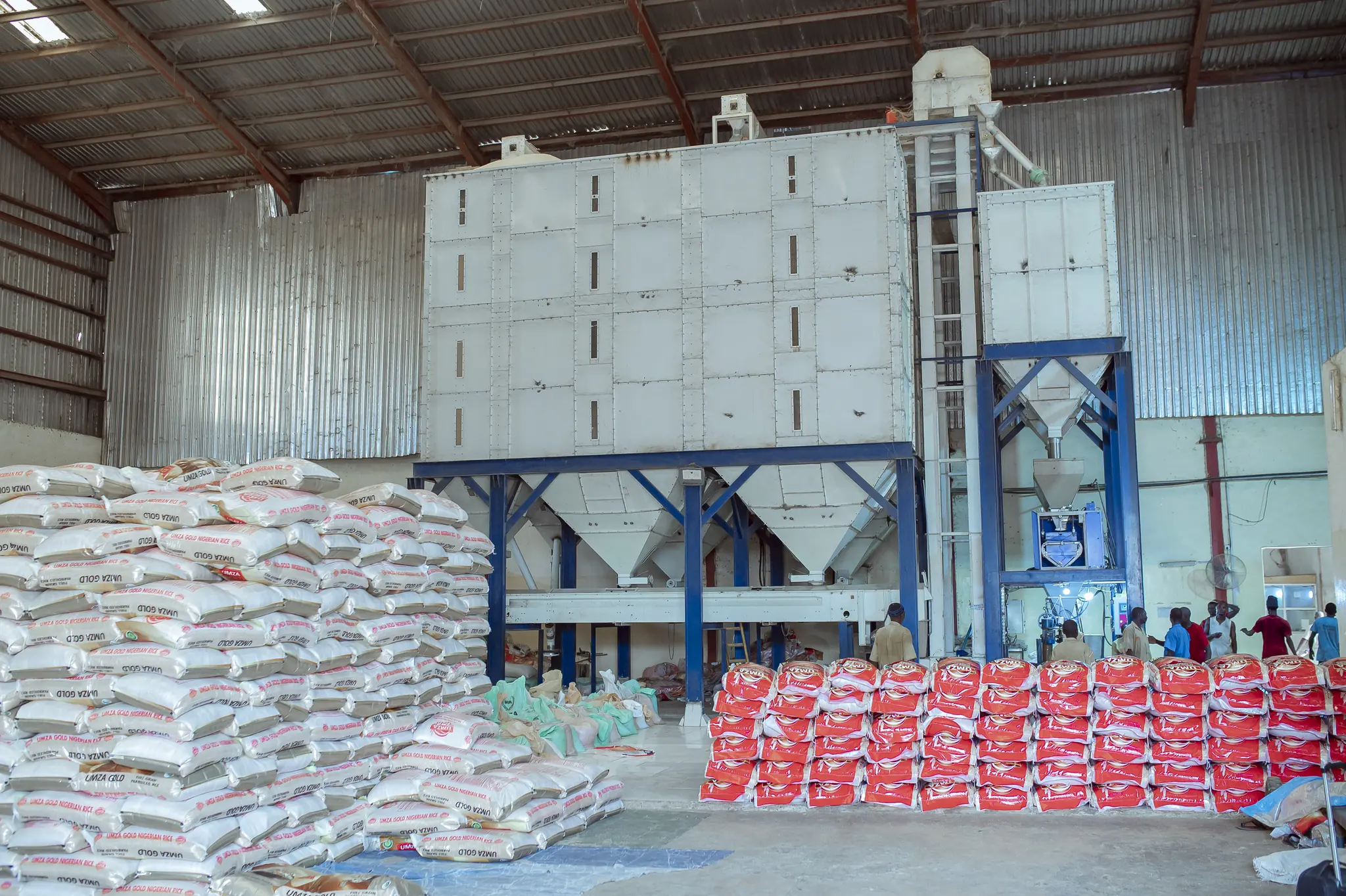 Finished rice bags in the warehouse